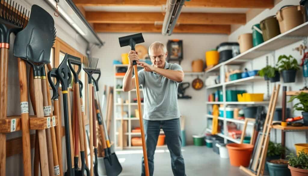 A well-organized garage space showcasing garden tool storage safety tips. In the foreground, various gardening tools like shovels, rakes, and pruning shears are neatly arranged on a sturdy wooden rack, with labels indicating safe handling practices. In the middle, a person in modest casual attire demonstrating proper lifting techniques for a heavy tool, with a focus on their posture and grip. The background features shelves filled with various gardening supplies, all in a brightly lit garage with soft natural sunlight filtering through the windows. Use a wide-angle lens to capture the depth of the space, evoking an atmosphere of organization and safety in the home gardening environment.