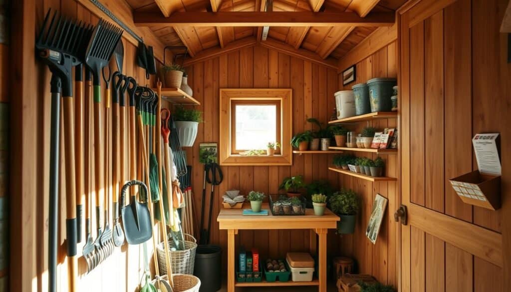 A well-organized garden shed interior with a focus on wall-mounted storage solutions. In the foreground, a sturdy wooden tool rack displays an array of neatly hung gardening tools such as rakes, shovels, and pruning shears. The middle ground features a compact workbench with potted plants and gardening books, providing a functional space for DIY projects. The background showcases shelving filled with seed packets and gardening supplies, all under bright natural light streaming in through a small window. The atmosphere is inviting and practical, with soft sunlight highlighting the warm wood tones and green accents. The angle captures a wide view that emphasizes both organization and accessibility, creating a sense of harmony in the small shed space.