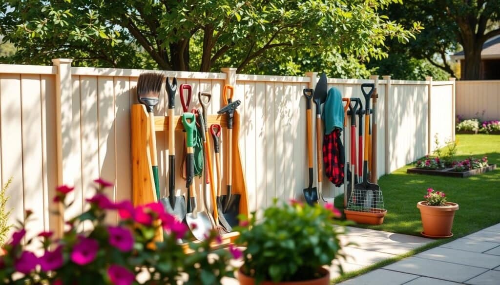 A well-organized outdoor tool storage setup in a sunny backyard, featuring a wooden garden tool rack loaded with neatly arranged tools like shovels, rakes, and pruning shears. In the foreground, pots of vibrant plants add a touch of color. The middle ground showcases the tool rack, constructed from weatherproof wood with a rustic finish, positioned against a light-colored fence. Sunlight filters through the leaves of nearby trees, casting soft shadows and creating an inviting atmosphere. In the background, a well-manicured lawn and a small flower bed enhance the scene, making it feel serene and functional. The image should capture the essence of outdoor organization in bright, natural light, highlighting the durability and practicality of the tool storage solution.