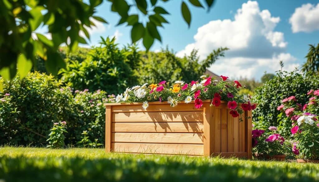 An outdoor storage box made of weather-resistant wood, beautifully crafted with a natural finish, sits in a lush garden. The box is adorned with vibrant flowers, including daisies and petunias, spilling out from the sides, adding a touch of color and life. In the foreground, soft sunlight filters through leaves above, creating dappled patterns on the ground. The middle ground features the storage box against a backdrop of green shrubs and colorful blossoms, highlighting the harmony of nature and functionality. The background showcases a bright blue sky dotted with fluffy clouds, enhancing the cheerful atmosphere. Use a shallow depth of field to softly blur the foliage, focusing on the storage box. The overall mood is inviting and serene, perfect for a cozy backyard setting.