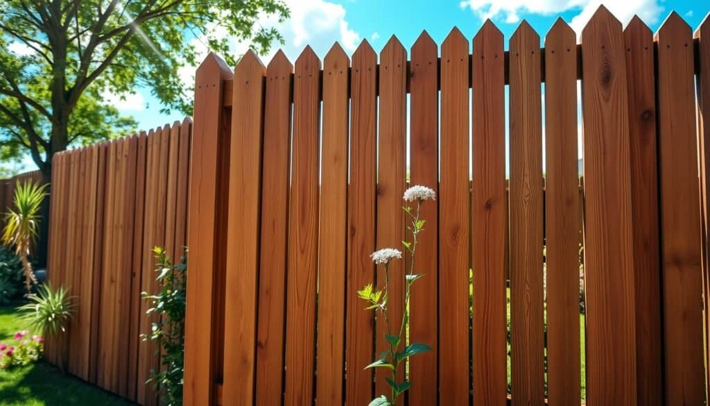 Cedar wood fencing intricately designed as a decorative garden fence panel, showcasing rich reddish-brown tones and distinct wood grain patterns, arranged in vertical slats. In the foreground, a close-up view captures the smooth texture and natural imperfections of the cedar boards, highlighted by soft sunlight filtering through nearby trees. The middle ground features the complete fence structure, standing tall to create a sense of privacy, surrounded by vibrant green plants and colorful flowers. In the background, a tranquil backyard scene is set with a blue sky and fluffy white clouds, enhancing the serene atmosphere. The overall mood is peaceful and inviting, perfect for a DIY garden project. The scene is well-lit and airy, capturing the warm essence of a sunny day in a beautifully landscaped yard.