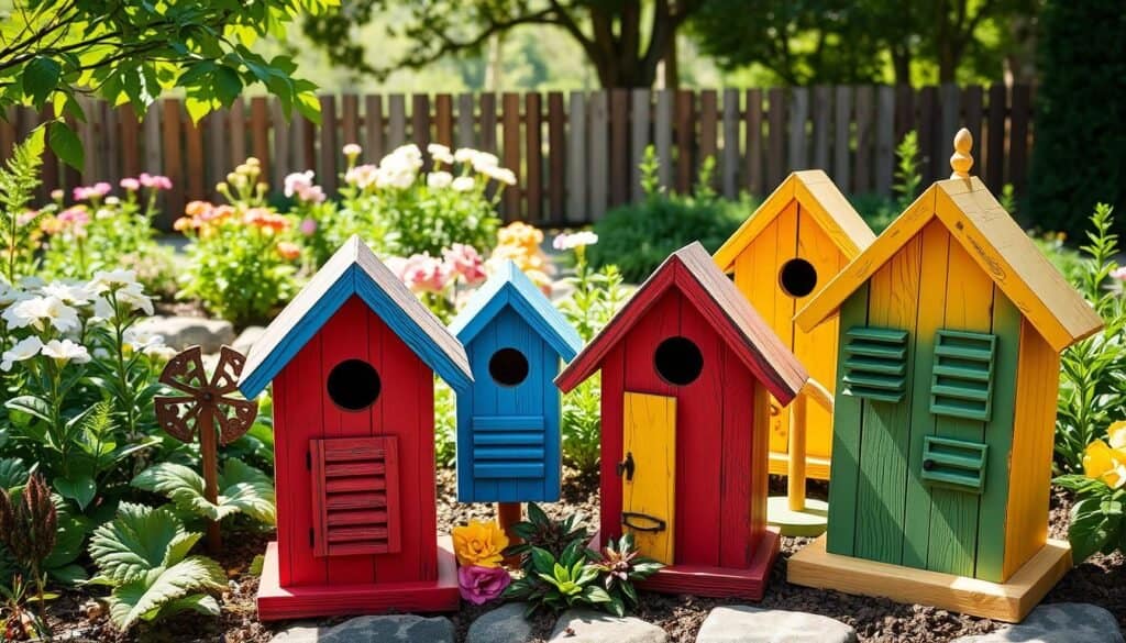 Colorful birdhouses crafted from reclaimed wood with shutter accents, displayed prominently in a lush garden setting. In the foreground, a variety of uniquely shaped birdhouses painted in vibrant colors like red, blue, yellow, and green, with rustic textures and charming details. In the middle ground, a beautifully manicured garden featuring blooming flowers and greenery, with soft sunlight filtering through the leaves, casting gentle shadows. In the background, a cozy wooden fence and a hint of trees, creating an inviting atmosphere. The scene is captured with a slightly elevated angle to showcase the birdhouses while maintaining a warm, airy feel, evoking a sense of rustic charm and tranquility.