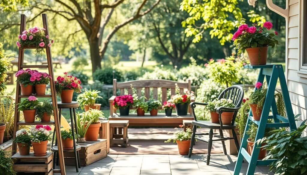 Create an image of creative plant stands made from repurposed furniture, set in an inviting outdoor garden. In the foreground, showcase unique stands crafted from old ladders, wooden crates, and vintage chairs, adorned with vibrant pots of blossoming flowers and lush greenery. In the middle ground, display a cozy area featuring a rustic wooden bench surrounded by planters overflowing with colorful plants. The background should consist of a soft-focus view of a garden filled with trees and sunlight filtering through the leaves, casting gentle shadows. The lighting should be bright and natural, capturing a serene and cheerful atmosphere. Use a slightly elevated angle to enhance the depth and showcase the creativity of the plant stands, evoking a warm, inspirational mood perfect for DIY enthusiasts.
