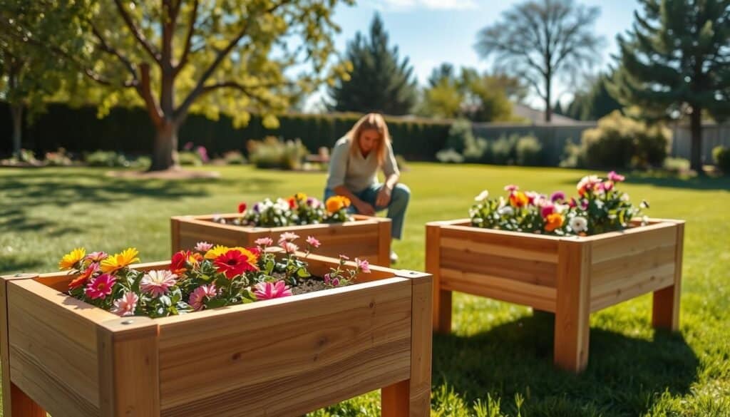 Elevated garden beds for ergonomic planting set in a sunny backyard. The foreground features beautifully constructed wooden planter boxes, designed to reduce strain while gardening. Each bed is filled with a variety of colorful flowers, showcasing a vibrant palette of petals. In the middle ground, a person in modest casual clothing tends to the garden, kneeling beside the beds. Soft sunlight filters through nearby trees, casting gentle shadows and creating a warm, inviting atmosphere. The background shows a well-maintained lawn and a clear blue sky, enhancing the overall sense of tranquility. The image captures a harmonious blend of nature and craftsmanship, emphasizing the beauty of DIY woodworking in a home garden setting.
