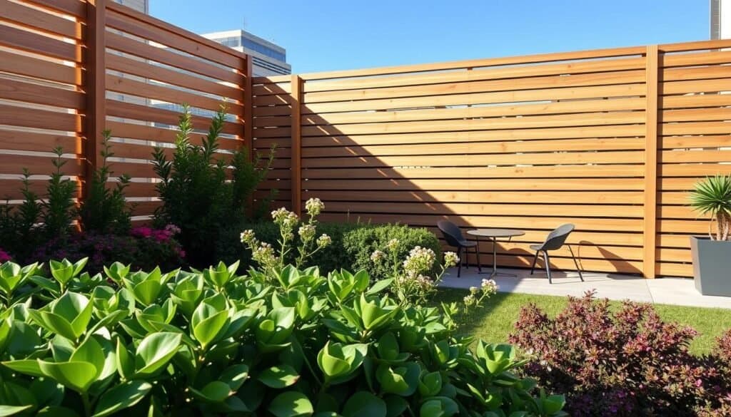 Modern horizontal slat fencing standing tall in an urban garden, crafted from natural wood with a smooth finish, showcasing clean lines and a contemporary design. In the foreground, lush green plants are intertwined with colorful flowering shrubs. The middle ground features the stylish slatted fence, casting soft shadows as warm, natural sunlight filters through the slats, creating an inviting atmosphere. In the background, a small, sleek patio area with minimalist garden furniture accentuates the modern aesthetic. The scene captures a serene, private oasis amidst the bustling city, showcasing the perfect balance of functionality and beauty in outdoor space design. The image is shot with a wide-angle lens to emphasize the breadth of the garden, under bright, clear blue skies.