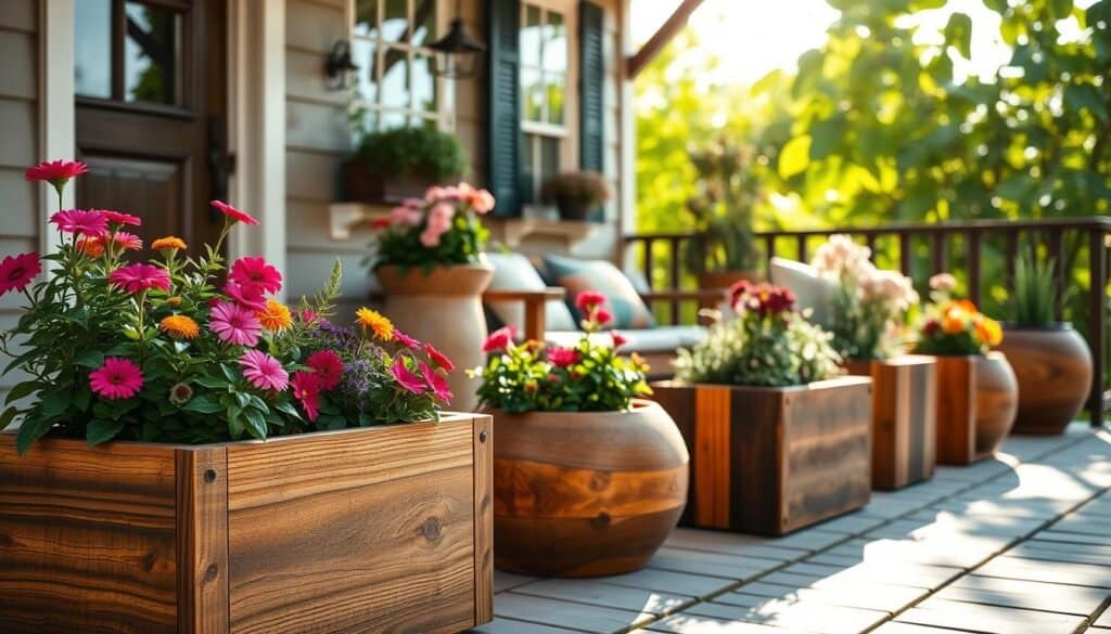 Wood planters arranged on a charming, small porch, showcasing several designs made from natural wood, including rectangular and round shapes, filled with vibrant flowers and lush greenery. The foreground features a close-up of the planters, highlighting the rich texture of the wood grain and the colorful blossoms. The middle ground reveals the rest of the porch, adorned with a cozy seating area, inviting ambiance with a few decorative cushions and a soft throw blanket. In the background, the sun filters through gentle foliage, casting soft, dappled light over the scene, creating a warm and airy atmosphere. The entire composition captures a sense of tranquility and liveliness, emphasizing the importance of incorporating natural elements into small spaces.