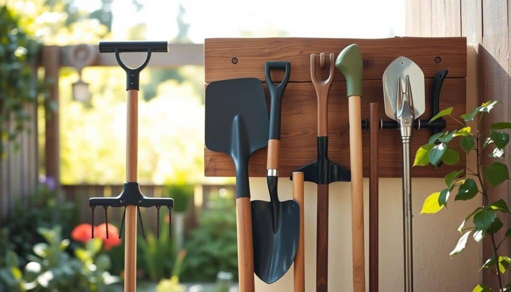 A DIY wall-mounted yard tool organizer featuring a rustic wooden rack, expertly crafted from reclaimed scrap wood. In the foreground, show an array of neatly arranged gardening tools including a rake, shovel, and trowel, all hung securely on the organizer. The middle of the image highlights the sturdy wall-mounted structure with visible screw holes and natural wood grains, emphasizing artisanal craftsmanship. In the background, a well-kept garden can be seen, bathed in bright natural light with soft sunlight filtering through greenery, creating an airy and inviting atmosphere. The overall mood is organized and practical, perfect for inspiring creativity in garden tool storage solutions. The angle should be slightly elevated, showcasing both the organizer and the tools, to capture the essence of a functional DIY project. A DIY wall-mounted yard tool organizer featuring a rustic wooden rack, expertly crafted from reclaimed scrap wood. In the foreground, show an array of neatly arranged gardening tools including a rake, shovel, and trowel, all hung securely on the organizer. The middle of the image highlights the sturdy wall-mounted structure with visible screw holes and natural wood grains, emphasizing artisanal craftsmanship. In the background, a well-kept garden can be seen, bathed in bright natural light with soft sunlight filtering through greenery, creating an airy and inviting atmosphere. The overall mood is organized and practical, perfect for inspiring creativity in garden tool storage solutions. The angle should be slightly elevated, showcasing both the organizer and the tools, to capture the essence of a functional DIY project.