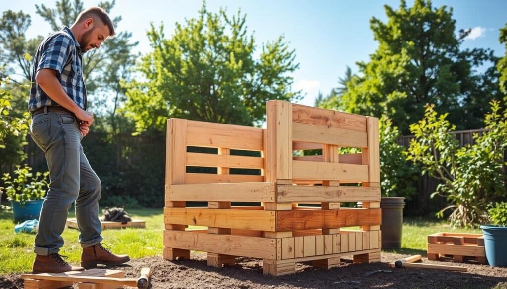 A backyard scene showcasing the construction of a DIY compost bin using wooden pallets. In the foreground, a worker in modest casual clothing is assembling the square bin structure, surrounded by tools like a hammer and nails. The middle section features the half-finished compost bin, demonstrating its layered design with wooden slats visible. The background includes lush greenery and a clear blue sky, bathed in bright natural light with soft sunlight filtering through the trees, creating an airy atmosphere. The angle is slightly elevated, providing a clear view of both the construction process and the surrounding garden space, emphasizing a productive weekend project ideal for eco-conscious gardeners. A backyard scene showcasing the construction of a DIY compost bin using wooden pallets. In the foreground, a worker in modest casual clothing is assembling the square bin structure, surrounded by tools like a hammer and nails. The middle section features the half-finished compost bin, demonstrating its layered design with wooden slats visible. The background includes lush greenery and a clear blue sky, bathed in bright natural light with soft sunlight filtering through the trees, creating an airy atmosphere. The angle is slightly elevated, providing a clear view of both the construction process and the surrounding garden space, emphasizing a productive weekend project ideal for eco-conscious gardeners.
