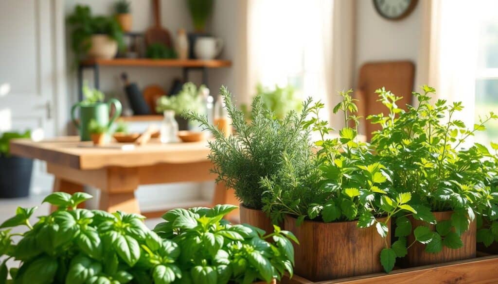 A beautiful arrangement of container herbs in a bright, airy kitchen setting, focusing on vibrant green basil, rosemary, thyme, and parsley displayed in rustic wooden pots. In the foreground, the herbs are lush and full, showcasing their textures and colors under soft natural sunlight. The middle ground features a handcrafted wooden table adorned with gardening tools and a watering can, enhancing the theme of a home herb garden. The background includes a sunlit window with sheer curtains, allowing gentle light to filter through and create a warm, inviting mood. The overall atmosphere is one of freshness and creativity, perfect for beginners eager to start their container herb garden. A beautiful arrangement of container herbs in a bright, airy kitchen setting, focusing on vibrant green basil, rosemary, thyme, and parsley displayed in rustic wooden pots. In the foreground, the herbs are lush and full, showcasing their textures and colors under soft natural sunlight. The middle ground features a handcrafted wooden table adorned with gardening tools and a watering can, enhancing the theme of a home herb garden. The background includes a sunlit window with sheer curtains, allowing gentle light to filter through and create a warm, inviting mood. The overall atmosphere is one of freshness and creativity, perfect for beginners eager to start their container herb garden.