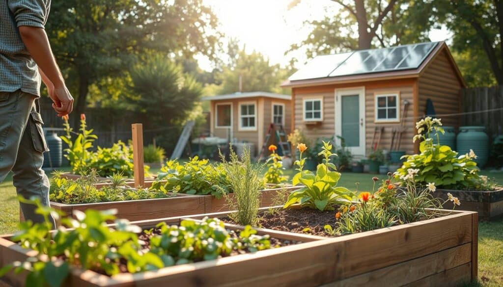 A beautiful backyard scene focused on safety and sustainability in DIY garden projects. In the foreground, a person dressed in modest casual clothing is carefully assembling a raised garden bed made from reclaimed wood, showcasing eco-friendly materials. The middle ground features vibrant green plants, organic herbs, and colorful flowers, all nurtured without pesticides. In the background, a garden shed with solar panels and rain barrels highlights sustainable practices, surrounded by a lush, inviting garden. Soft, diffused sunlight filters through the trees, creating an airy and calm atmosphere. The composition emphasizes harmony between nature and human effort, with a warm, inviting mood that inspires DIY enthusiasts.