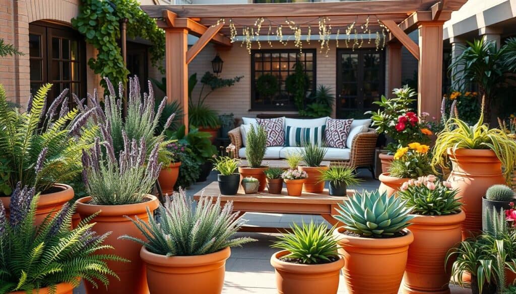 A beautiful, designer-style patio showcasing a variety of potted plants arranged in groups for maximum visual impact. In the foreground, vibrant terracotta pots of varying heights filled with lush greenery such as ferns, lavender, and succulents, creating a rich texture and depth. The middle features a stylish wooden table adorned with smaller planters, including aromatic herbs and colorful flowers, inviting conversation and relaxation. In the background, a stylish outdoor seating area with a cozy, woven couch under a pergola adorned with fairy lights, all bathed in warm, soft sunlight that enhances the inviting atmosphere. The scene is captured from a slightly elevated angle to showcase the arrangement and layering of the plants, creating a harmonious blend of nature and design within a well-lit, airy outdoor space. A beautiful, designer-style patio showcasing a variety of potted plants arranged in groups for maximum visual impact. In the foreground, vibrant terracotta pots of varying heights filled with lush greenery such as ferns, lavender, and succulents, creating a rich texture and depth. The middle features a stylish wooden table adorned with smaller planters, including aromatic herbs and colorful flowers, inviting conversation and relaxation. In the background, a stylish outdoor seating area with a cozy, woven couch under a pergola adorned with fairy lights, all bathed in warm, soft sunlight that enhances the inviting atmosphere. The scene is captured from a slightly elevated angle to showcase the arrangement and layering of the plants, creating a harmonious blend of nature and design within a well-lit, airy outdoor space.