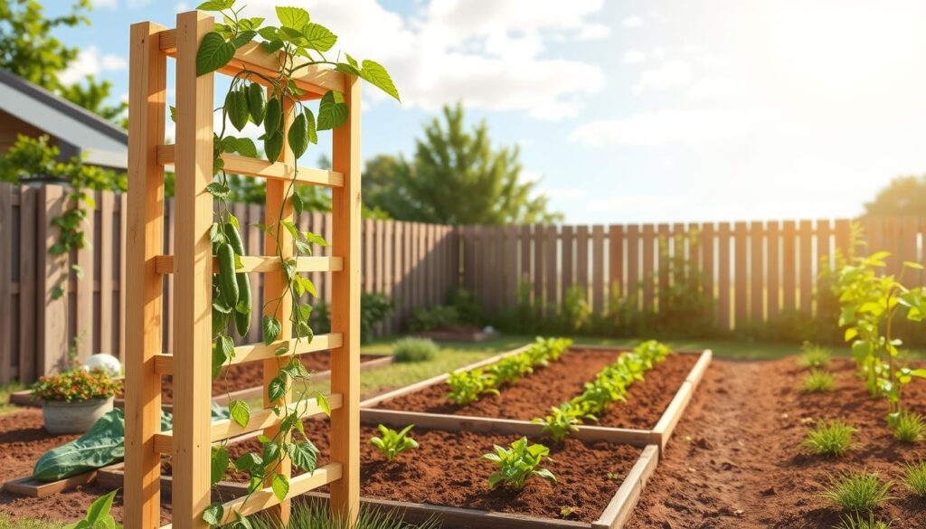 A beautiful, detailed illustration of a wooden garden trellis built for climbing vegetables, centered in a lush backyard setting. In the foreground, the trellis stands tall, made from untreated wooden planks, showing basic joints and simple construction methods, adorned with vibrant green climbing plants like cucumbers and beans. In the middle ground, a neatly arranged garden plot with rich soil and vegetable seedlings thrives, showcasing how the trellis supports the plants' growth. The background features a bright, clear sky with soft, natural sunlight casting gentle shadows, enhancing the warm, inviting atmosphere of a DIY gardening project. The overall mood is one of simplicity and resourcefulness, emphasizing the budget-friendly nature of the build.