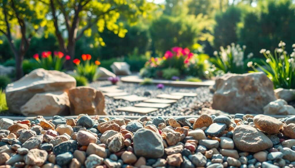 A beautiful display of various types of rocks suitable for landscaping, arranged artistically in a well-lit outdoor setting. In the foreground, showcase a variety of smooth river stones, vibrant pebbles, and rustic boulders, each highlighting their unique textures and colors. The middle ground should include a well-maintained rock garden with carefully placed flagstones and ornamental gravel, surrounded by lush greenery and flowering plants. In the background, a soft-focus of trees and bushes allows for a natural ambiance, illuminated by soft sunlight streaming through the leaves. The atmosphere conveys a serene and inviting garden space, ideal for landscaping inspiration. Capture the scene from a slightly elevated angle to emphasize the arrangement and the beauty of each rock type. The overall lighting is bright and natural, enhancing the rock colors vividly. A beautiful display of various types of rocks suitable for landscaping, arranged artistically in a well-lit outdoor setting. In the foreground, showcase a variety of smooth river stones, vibrant pebbles, and rustic boulders, each highlighting their unique textures and colors. The middle ground should include a well-maintained rock garden with carefully placed flagstones and ornamental gravel, surrounded by lush greenery and flowering plants. In the background, a soft-focus of trees and bushes allows for a natural ambiance, illuminated by soft sunlight streaming through the leaves. The atmosphere conveys a serene and inviting garden space, ideal for landscaping inspiration. Capture the scene from a slightly elevated angle to emphasize the arrangement and the beauty of each rock type. The overall lighting is bright and natural, enhancing the rock colors vividly.