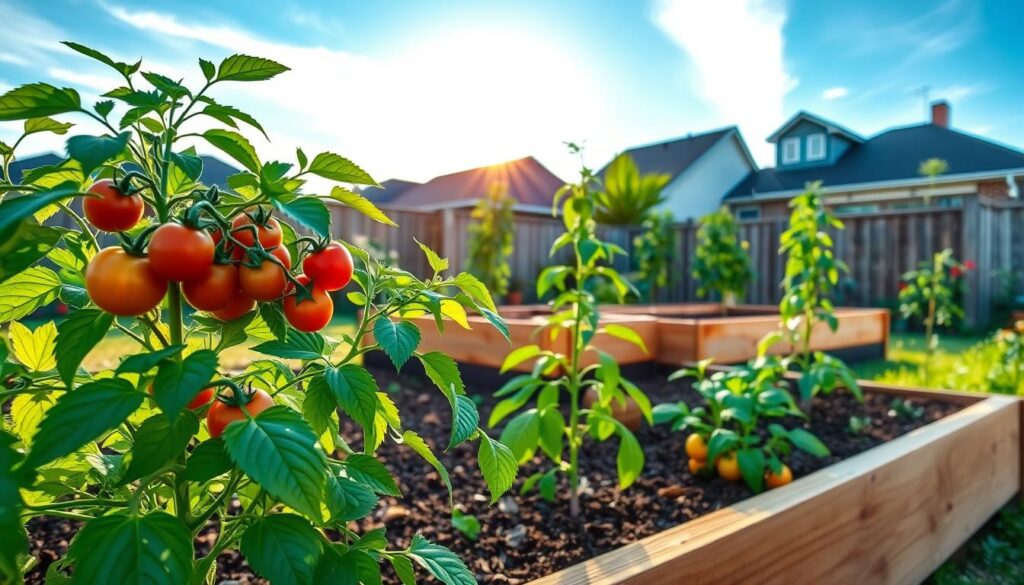 A beautiful raised bed garden featuring tomato and pepper plants, focusing on the importance of bed depth. In the foreground, display healthy tomato and pepper plants with lush green leaves and vibrant fruits, showcasing their ideal growth. The middle layer includes a well-constructed wooden raised bed, showing the soil level and depth, with various layers such as mulch and compost visible. In the background, a suburban backyard with a sunny blue sky and gentle clouds, highlighting the warmth of the afternoon sun casting soft shadows. The scene is bright and airy, with natural light illuminating the garden. The overall atmosphere is serene and inviting, evoking a sense of careful planning and attention to gardening detail, while avoiding common mistakes in raised bed gardening.