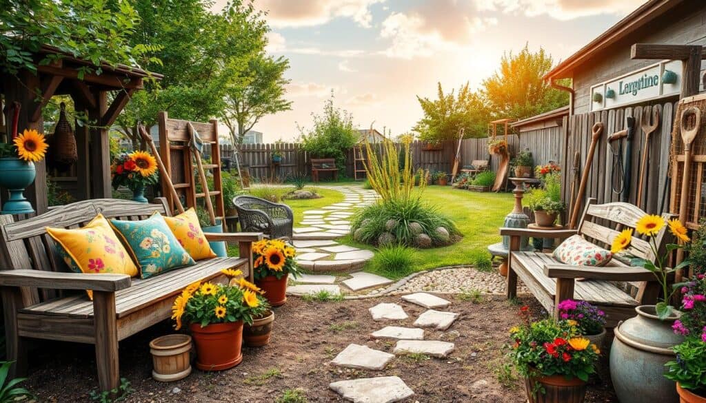 A beautiful rustic yard decor scene showcasing a variety of landscaping ideas. In the foreground, there are handmade wooden garden benches adorned with colorful throw pillows, and vibrant flower pots filled with sunflowers and wildflowers. The middle ground features a charming stone pathway winding through lush greenery, surrounded by decorative wooden fences and aged garden tools artistically arranged. In the background, an open sky with soft sunlight casts a warm glow over the garden. The atmosphere is inviting and serene, perfect for relaxation and inspiration. The image is captured with a wide-angle lens to encompass the entire rustic yard, highlighting the beauty of natural materials and the harmonious blend of decor and landscaping.