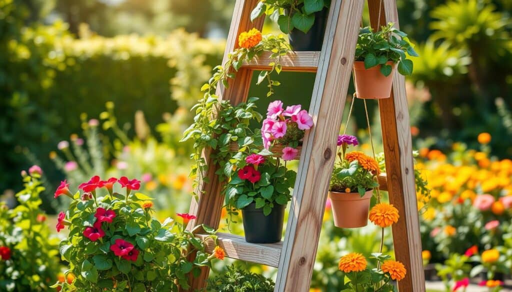 A beautiful selection of vibrant, healthy plants arranged in a ladder-style vertical planter made from two rustic wooden boards. In the foreground, showcase a variety of trailing and flowering plants like cascading petunias, fern-like foliage of ivy, and bright, cheerful marigolds, all flourishing in pot containers carefully nestled among the ladder's shelves. The middle features the rustic ladder planter, exhibiting its sturdy, weathered wood with natural grains, standing against a softly blurred garden background. The background should be a sunny outdoor setting with lush greenery and colorful flower beds, illuminated by warm, soft sunlight filtering through the leaves, creating a serene and inviting atmosphere. The composition should evoke a feeling of tranquility and a love for gardening, appealing to DIY enthusiasts.