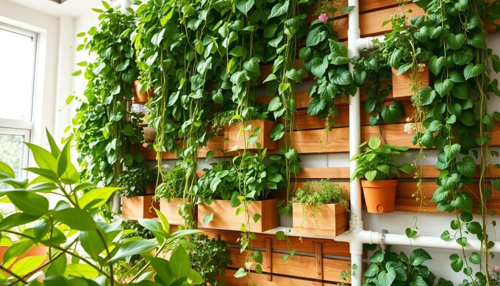 A beautiful sustainable vertical greenery wall adorned with lush green plants, herbs, and flowering vines cascading down a sturdy structure made of PVC pipes and wooden planks. The foreground features vibrant leaves in varying shades of green, while planters in natural wood tones add warmth and texture. In the middle, the neatly arranged plants create a harmonious balance of color and form, illustrating eco-friendly gardening practices. The background reveals a sunlit, airy room with soft, natural lighting filtering through large windows, casting gentle shadows on the wall. The atmosphere is fresh and revitalizing, promoting a sense of tranquility and connection to nature, ideal for DIY gardening enthusiasts.