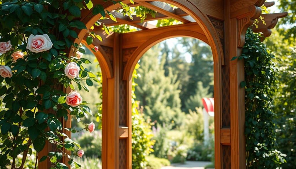 A beautiful wooden archway designed for climbing vines, prominently featuring intricately carved side trellis panels. The foreground showcases the natural, textured grain of the wood, with climbing roses entwined around it, demonstrating the potential for vine growth. In the middle ground, bright natural light filters through lush greenery, illuminating the arch with a soft, warm glow. The background includes a serene garden setting with hints of blooming flowers and foliage, enhancing the peaceful atmosphere. The scene is captured from a slightly low angle, emphasizing the height and elegance of the archway, while soft sunlight dapples the pathway beneath. The overall mood is inviting and uplifting, perfect for showcasing a beautiful garden structure. A beautiful wooden archway designed for climbing vines, prominently featuring intricately carved side trellis panels. The foreground showcases the natural, textured grain of the wood, with climbing roses entwined around it, demonstrating the potential for vine growth. In the middle ground, bright natural light filters through lush greenery, illuminating the arch with a soft, warm glow. The background includes a serene garden setting with hints of blooming flowers and foliage, enhancing the peaceful atmosphere. The scene is captured from a slightly low angle, emphasizing the height and elegance of the archway, while soft sunlight dapples the pathway beneath. The overall mood is inviting and uplifting, perfect for showcasing a beautiful garden structure.