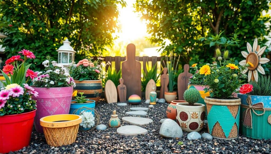 A beautifully arranged DIY garden space showcasing various handmade decorations and art pieces. In the foreground, vibrant, colorful planters creatively made from recycled materials, filled with lush flowers and greenery. The middle ground features charming wooden sculptures and decorative rocks arranged artistically around a small garden path. In the background, a bright, sunny sky filters soft natural light through green foliage, enhancing the serene atmosphere. Capture the scene with a shallow depth of field to emphasize the decorations, while the overall composition evokes a warm, inviting feel, ideal for an outdoor retreat. The mood should feel relaxed and inspiring, perfect for someone looking to elevate their outdoor space on a budget. A beautifully arranged DIY garden space showcasing various handmade decorations and art pieces. In the foreground, vibrant, colorful planters creatively made from recycled materials, filled with lush flowers and greenery. The middle ground features charming wooden sculptures and decorative rocks arranged artistically around a small garden path. In the background, a bright, sunny sky filters soft natural light through green foliage, enhancing the serene atmosphere. Capture the scene with a shallow depth of field to emphasize the decorations, while the overall composition evokes a warm, inviting feel, ideal for an outdoor retreat. The mood should feel relaxed and inspiring, perfect for someone looking to elevate their outdoor space on a budget.