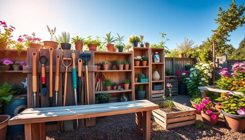 A beautifully arranged DIY garden tool storage setup made from repurposed scrap wood, featuring an old wooden bench repurposed as a tool stand in the foreground, holding various gardening tools such as shovels, rakes, and pruning shears. In the middle, showcase shelves and crates made of weathered wood, displaying potted plants and gardening supplies, with vibrant greenery peeking out. In the background, a lush garden filled with blooming flowers and a clear blue sky, illuminated by soft, warm sunlight creating a serene and inviting atmosphere. Capture this scene with a wide-angle lens to provide depth, and ensure the image is airy and well-lit, evoking a sense of creativity and tranquility in garden organization. A beautifully arranged DIY garden tool storage setup made from repurposed scrap wood, featuring an old wooden bench repurposed as a tool stand in the foreground, holding various gardening tools such as shovels, rakes, and pruning shears. In the middle, showcase shelves and crates made of weathered wood, displaying potted plants and gardening supplies, with vibrant greenery peeking out. In the background, a lush garden filled with blooming flowers and a clear blue sky, illuminated by soft, warm sunlight creating a serene and inviting atmosphere. Capture this scene with a wide-angle lens to provide depth, and ensure the image is airy and well-lit, evoking a sense of creativity and tranquility in garden organization.