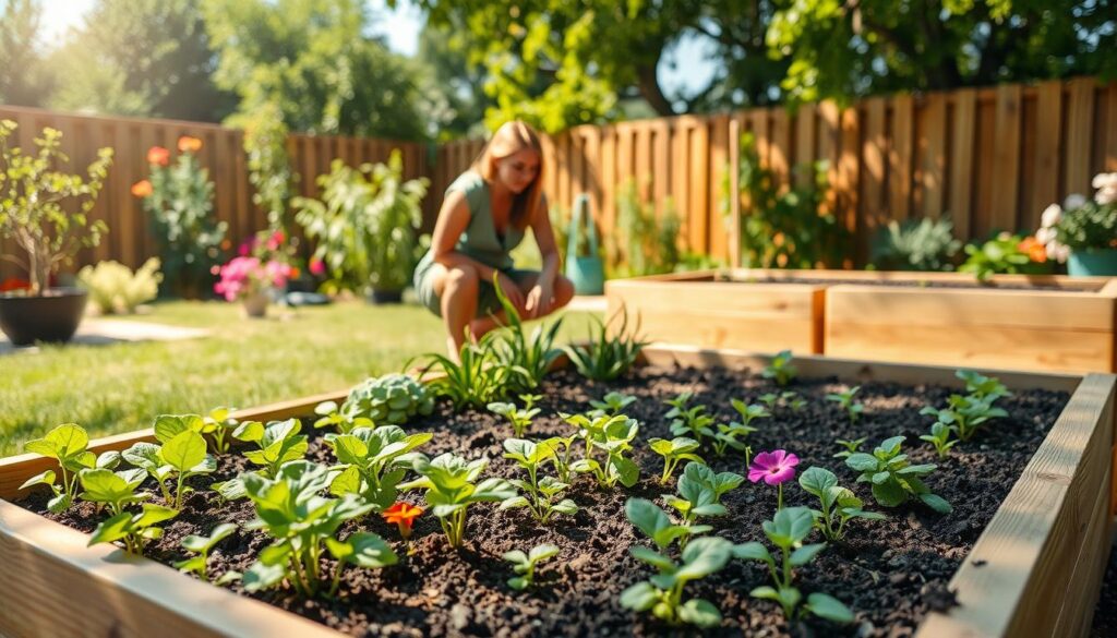A beautifully arranged DIY raised garden bed in a sunny backyard, constructed from untreated wooden planks, showcasing a rustic and natural aesthetic. The foreground features the vibrant soil filled with lush green seedlings and colorful flowers peeking through. In the middle ground, a gardener, dressed in casual clothing, is kneeling beside the bed, gently tending to the plants, embodying a spirit of passion and care. In the background, a sunny garden scene with a wooden fence, flowering shrubs, and trees provides a serene atmosphere. Soft sunlight filters through the leaves, creating dappled shadows on the ground. The image encapsulates a warm, inviting, and productive gardening experience, ideal for beginners looking for budget-friendly solutions.