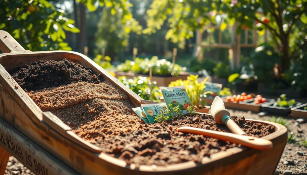 A beautifully arranged DIY soil mix for raised beds, featuring distinct layers of dark, rich compost, light brown peat moss, and coarse sand or perlite, skillfully blended in a rustic wooden wheelbarrow. In the foreground, various garden tools like a spade and trowel rest on freshly tilled soil. In the middle ground, small potted plants and seed packets are artfully displayed, suggesting a variety of vegetables, including tomatoes, carrots, and lettuce. The background reveals a sunny garden with vibrant greenery and raised beds flourishing with vegetables. Captured in bright natural light, the image evokes a warm, inviting atmosphere with soft sunlight filtering through leaves, creating an airy, peaceful scene. The focal point is the soil mix, emphasizing its earthy textures and colors, showcasing ideal conditions for optimal plant growth. A beautifully arranged DIY soil mix for raised beds, featuring distinct layers of dark, rich compost, light brown peat moss, and coarse sand or perlite, skillfully blended in a rustic wooden wheelbarrow. In the foreground, various garden tools like a spade and trowel rest on freshly tilled soil. In the middle ground, small potted plants and seed packets are artfully displayed, suggesting a variety of vegetables, including tomatoes, carrots, and lettuce. The background reveals a sunny garden with vibrant greenery and raised beds flourishing with vegetables. Captured in bright natural light, the image evokes a warm, inviting atmosphere with soft sunlight filtering through leaves, creating an airy, peaceful scene. The focal point is the soil mix, emphasizing its earthy textures and colors, showcasing ideal conditions for optimal plant growth.