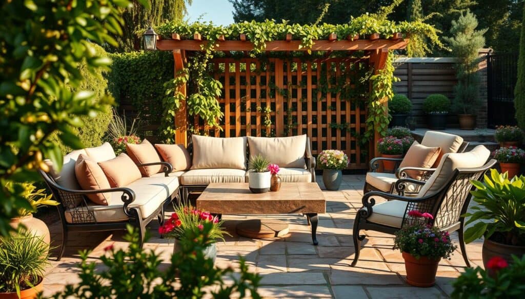 A beautifully arranged all-weather patio furniture set, featuring a stylish sectional sofa with plush cushions in muted tones, a low coffee table made of weather-resistant materials, and elegant outdoor chairs surrounding the setup. The scene is bathed in soft, warm sunlight, casting gentle shadows across a natural stone patio. Lush green plants and colorful flower pots frame the scene, enhancing the garden ambiance. In the background, a wooden trellis supports climbing vines, creating a cozy retreat. The angle is slightly elevated, providing a clear view of the inviting seating arrangement and the serene atmosphere, perfect for outdoor relaxation. The overall mood is inviting and tranquil, suggesting a perfect space for gatherings or solitude. A beautifully arranged all-weather patio furniture set, featuring a stylish sectional sofa with plush cushions in muted tones, a low coffee table made of weather-resistant materials, and elegant outdoor chairs surrounding the setup. The scene is bathed in soft, warm sunlight, casting gentle shadows across a natural stone patio. Lush green plants and colorful flower pots frame the scene, enhancing the garden ambiance. In the background, a wooden trellis supports climbing vines, creating a cozy retreat. The angle is slightly elevated, providing a clear view of the inviting seating arrangement and the serene atmosphere, perfect for outdoor relaxation. The overall mood is inviting and tranquil, suggesting a perfect space for gatherings or solitude.