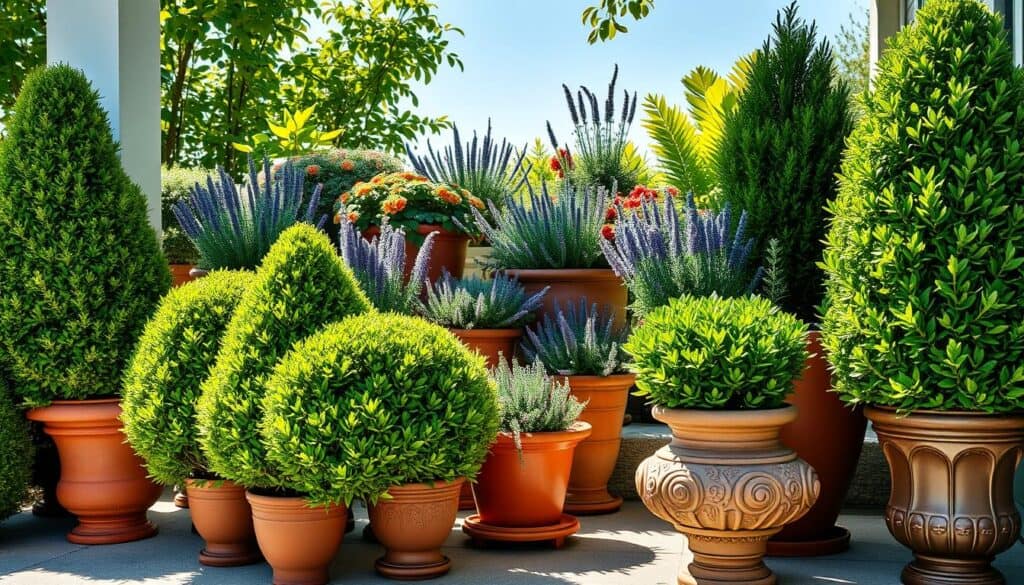 A beautifully arranged assortment of evergreen shrubs in elegant decorative pots, showcasing a variety of textures and shades of green. In the foreground, vibrant plants like Boxwood and Japanese Holly, trimmed into perfect shapes, stand tall. The middle ground features a backdrop of elegant terracotta and ceramic pots, with a mix of trailing and upright varieties like Lavender and Rosemary adding depth. The background includes a sunny porch or patio setting surrounded by soft, bright natural light filtering through leaves, creating an inviting atmosphere. The scene is captured from a slightly elevated angle, emphasizing the lush foliage against a clear blue sky, evoking a sense of serenity and sophistication, ideal for year-round curb appeal. A beautifully arranged assortment of evergreen shrubs in elegant decorative pots, showcasing a variety of textures and shades of green. In the foreground, vibrant plants like Boxwood and Japanese Holly, trimmed into perfect shapes, stand tall. The middle ground features a backdrop of elegant terracotta and ceramic pots, with a mix of trailing and upright varieties like Lavender and Rosemary adding depth. The background includes a sunny porch or patio setting surrounded by soft, bright natural light filtering through leaves, creating an inviting atmosphere. The scene is captured from a slightly elevated angle, emphasizing the lush foliage against a clear blue sky, evoking a sense of serenity and sophistication, ideal for year-round curb appeal.