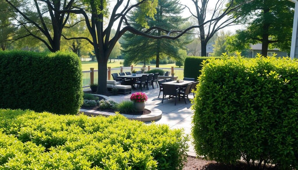 A beautifully arranged backyard garden featuring an elegant privacy hedge installation in the foreground, with lush green foliage creating a natural barrier. The hedge is composed of dense, well-trimmed shrubs in various shades of green. In the middle ground, a wooden deck with a dining area, surrounded by potted flowers and decorative stones, adds to the ambiance. In the background, soft sunlight filters through trees, casting gentle shadows across a serene landscape. The scene captures a peaceful, inviting atmosphere, ideal for relaxation and social gatherings. Use bright, natural light to enhance the vibrant colors of the garden, creating an airy and well-lit composition. The angle should be slightly elevated, showcasing the garden layout while emphasizing the privacy hedge's role in the overall design.