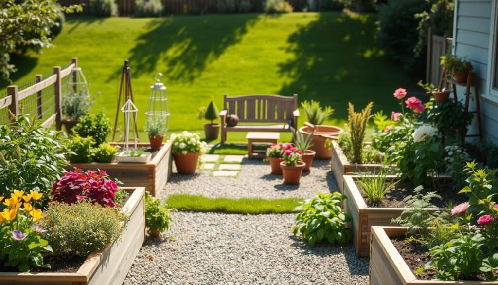 A beautifully arranged backyard garden scene showcasing budget-friendly DIY garden design ideas. In the foreground, a well-tended flower bed with a variety of colorful plants, herbs, and vegetables grown in raised wooden boxes. The middle ground features a simple gravel pathway leading to a charming seating area with rustic wooden furniture, surrounded by decorative potted plants. In the background, a lush green lawn under soft sunlight enhances the welcoming atmosphere. The scene is illuminated with bright, natural light, creating an airy feel. Capture this from a slightly elevated angle to provide a comprehensive view of the garden layout. The mood should be inviting and inspiring, perfect for homeowners seeking practical, cost-effective gardening solutions.