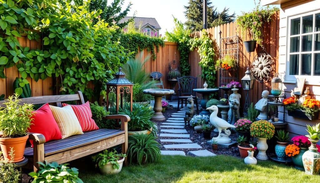 A beautifully arranged backyard garden showcasing diverse styles of garden decor. In the foreground, a rustic wooden bench adorned with colorful throw pillows and surrounded by various potted plants, like herbs and flowers, adds warmth. In the middle ground, a charming pathway leads through lush greenery, flanked by artfully curated garden ornaments such as a tranquil birdbath, decorative lanterns, and whimsical sculptures that reflect a cohesive aesthetic. In the background, a wooden fence covered in climbing vines and flowers creates depth, under a bright blue sky. The scene is illuminated by soft, natural sunlight, enhancing the vibrant colors and inviting atmosphere, evoking a sense of peace and inspiration for selecting backyard decor. A beautifully arranged backyard garden showcasing diverse styles of garden decor. In the foreground, a rustic wooden bench adorned with colorful throw pillows and surrounded by various potted plants, like herbs and flowers, adds warmth. In the middle ground, a charming pathway leads through lush greenery, flanked by artfully curated garden ornaments such as a tranquil birdbath, decorative lanterns, and whimsical sculptures that reflect a cohesive aesthetic. In the background, a wooden fence covered in climbing vines and flowers creates depth, under a bright blue sky. The scene is illuminated by soft, natural sunlight, enhancing the vibrant colors and inviting atmosphere, evoking a sense of peace and inspiration for selecting backyard decor.