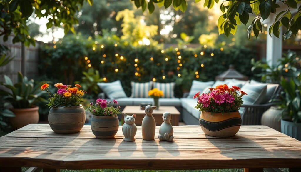 A beautifully arranged backyard scene showcasing decor coordination with a blend of personal touches and functional art. In the foreground, a rustic wooden table set with artisanal planters filled with vibrant flowers and small decorative sculptures. The middle ground features a comfortable seating area with coordinating cushions, surrounded by fairy lights softly glowing in the afternoon sun. In the background, lush greenery frames the space, adding depth and tranquility. The lighting is warm and inviting, created by soft sunlight filtering through the leaves, casting gentle shadows. The overall mood is serene and stylish, emphasizing a harmonious balance between aesthetic and functionality in garden decor. The scene is captured with a wide-angle lens to create an airy, spacious feeling. A beautifully arranged backyard scene showcasing decor coordination with a blend of personal touches and functional art. In the foreground, a rustic wooden table set with artisanal planters filled with vibrant flowers and small decorative sculptures. The middle ground features a comfortable seating area with coordinating cushions, surrounded by fairy lights softly glowing in the afternoon sun. In the background, lush greenery frames the space, adding depth and tranquility. The lighting is warm and inviting, created by soft sunlight filtering through the leaves, casting gentle shadows. The overall mood is serene and stylish, emphasizing a harmonious balance between aesthetic and functionality in garden decor. The scene is captured with a wide-angle lens to create an airy, spacious feeling.