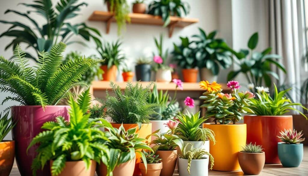 A beautifully arranged collection of aesthetic potted plants in a modern home setting. In the foreground, several vibrant ceramic pots in varied sizes, filled with lush greenery such as ferns, succulents, and colorful flowering plants. The middle ground features a stylish wooden shelf holding more plants, harmonizing the arrangement with different textures and colors. In the background, a sunlit window streams soft natural light, enhancing the vivacity of the foliage. The overall atmosphere is calm and inviting, with an emphasis on cohesive design and plant care. The scene is captured with a warm, airy aesthetic and a shallow depth of field, focusing on the details of the plants, creating a serene and pleasing ambiance. A beautifully arranged collection of aesthetic potted plants in a modern home setting. In the foreground, several vibrant ceramic pots in varied sizes, filled with lush greenery such as ferns, succulents, and colorful flowering plants. The middle ground features a stylish wooden shelf holding more plants, harmonizing the arrangement with different textures and colors. In the background, a sunlit window streams soft natural light, enhancing the vivacity of the foliage. The overall atmosphere is calm and inviting, with an emphasis on cohesive design and plant care. The scene is captured with a warm, airy aesthetic and a shallow depth of field, focusing on the details of the plants, creating a serene and pleasing ambiance.