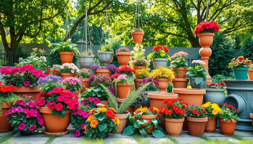 A beautifully arranged collection of creative garden flower pots, showcasing various designs and styles. In the foreground, feature vibrant terracotta pots filled with colorful flowers like petunias and marigolds, some pots draped with lush greenery. In the middle, display an assortment of unique planter shapes, including hanging pots and stacked designs, each filled with blooming plants in bright hues. The background reveals a serene, sunlit garden with soft sunlight filtering through leafy trees, casting gentle shadows. Use a wide-angle lens to capture the inviting atmosphere of the garden, creating a sense of depth and space. The overall mood should be cheerful and inspiring, emphasizing the transformative power of charming flower pot ideas in enhancing outdoor spaces.