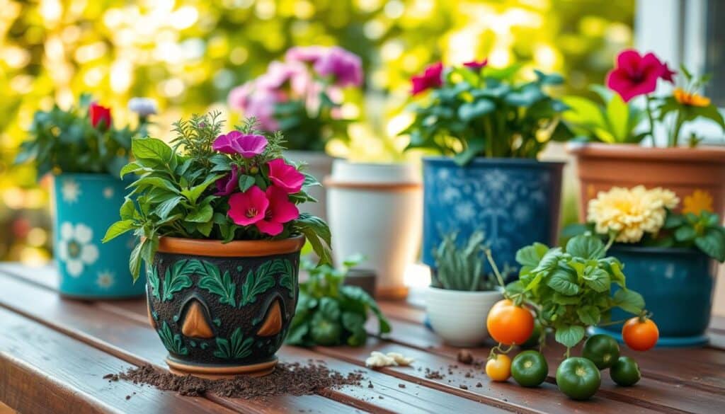 A beautifully arranged container garden displayed on a wooden patio table, showcasing various pots filled with vibrant flowers, herbs, and vegetables. In the foreground, focus on a single decorative pot filled with lush, healthy plants, emphasizing rich, quality potting mix visible around their roots. The background features a blurred view of a sunny garden, with soft sunlight filtering through green leaves, creating an inviting atmosphere. Capture the scene from a slightly elevated angle, allowing for a layered perspective of the containers. The colors are bright and natural, evoking a sense of freshness and vitality. Aim for a warm, welcoming mood that encourages beginner gardeners to pay attention to the importance of using quality potting mix.