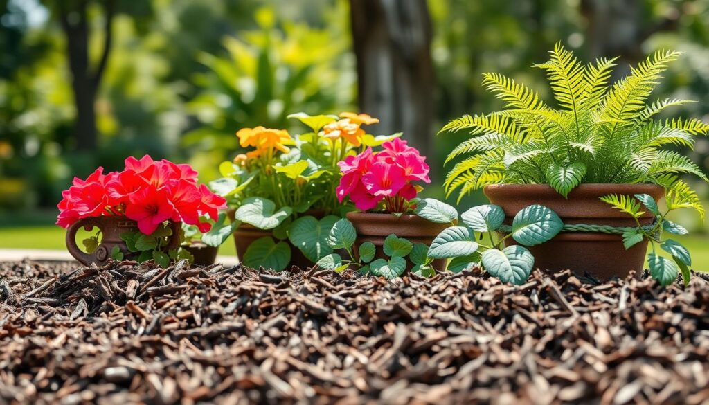 A beautifully arranged container garden showcasing various colorful plants, such as vibrant geraniums and lush ferns, nestled in decorative pots with a layer of organic mulch on top. The foreground features rich, dark brown mulch, glistening slightly with moisture to emphasize its role in moisture retention. The middle ground includes the thriving plants, their leaves reflecting the soft, natural sunlight that filters through nearby trees, casting gentle shadows and illuminating the scene. The background displays a serene garden setting with greenery, allowing the viewer to feel a calm, refreshing atmosphere. The image should be bright and airy, captured from a slightly elevated angle to highlight the mulch's texture and the health of the plants, evoking a sense of vitality and care.