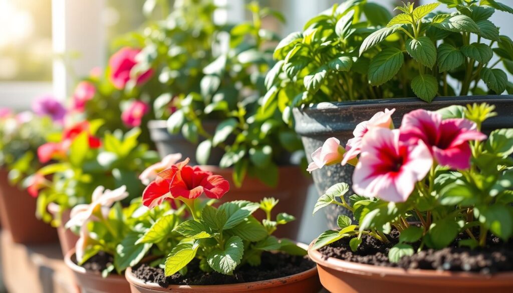 A beautifully arranged container garden showcasing various flourishing plants, each in stylish pots filled with rich, dark potting soil known for excellent moisture retention. In the foreground, vibrant flowers like petunias and geraniums bloom, while lush leafy greens like basil and parsley thrive in the background. The soil texture is visible, emphasizing its ability to hold moisture, with droplets reflecting soft sunlight. The scene is composed in a bright, airy setting, with abundant natural light filtering through leaves, creating gentle shadows. The overall mood is serene and inviting, perfect for summer gardening. The focus is sharp, mimicking a macro lens effect, capturing the intricate details of the soil and plants, highlighting their health and vitality.