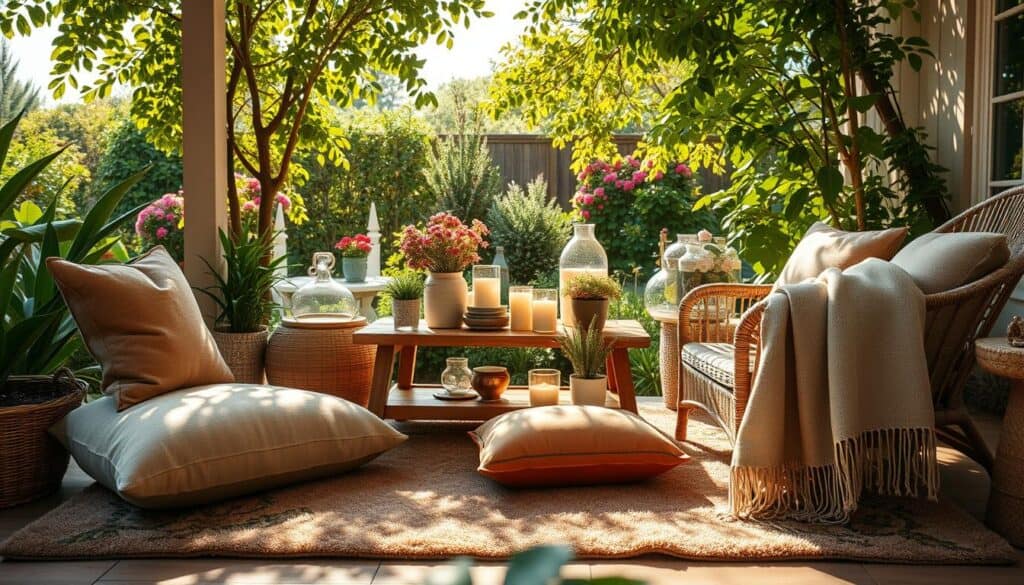 A beautifully arranged cozy outdoor patio decorated with inviting textiles. In the foreground, a plush, patterned outdoor rug lays beneath a set of soft cushions in earthy tones, complemented by a lightweight throw blanket draped casually over the arm of a wicker chair. The middle section features a rustic wooden coffee table topped with a collection of potted plants and candles, casting soft glows in the warm sunlight. In the background, a lush garden filled with green foliage and colorful flowers frames the scene, enhancing the serene atmosphere. Bright natural light filters through the leaves, creating dappled shadows and a cheerful ambiance. The wide-angle perspective captures the inviting essence of a tranquil outdoor retreat, emphasizing comfort and relaxation.