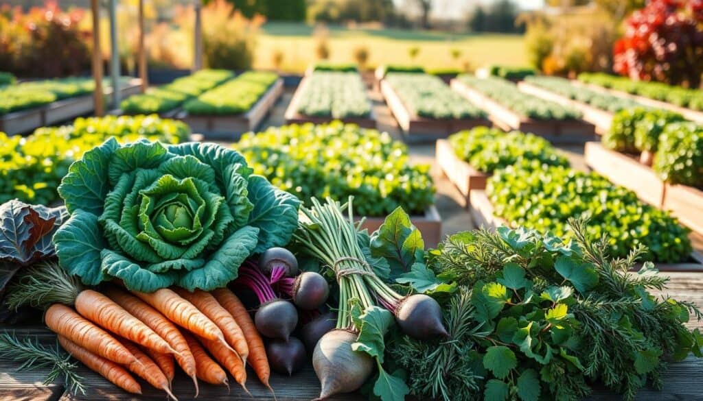 A beautifully arranged display of seasonal vegetables, emphasizing cool-weather crops suitable for fall, fills the foreground. Vibrant green kale, deep orange carrots, and rich purple beets are artistically arranged on a rustic wooden table, surrounded by fresh herbs like rosemary and thyme. In the middle background, rows of raised garden beds with lush, thriving plants bask in the warm, soft sunlight of a late afternoon, casting gentle shadows. The backdrop features a serene garden landscape, with hints of autumn foliage adding warm hues of red and gold. The overall atmosphere is inviting and tranquil, capturing the essence of a bountiful fall harvest in natural light. The composition evokes a sense of abundance and the joy of gardening as the seasons change.