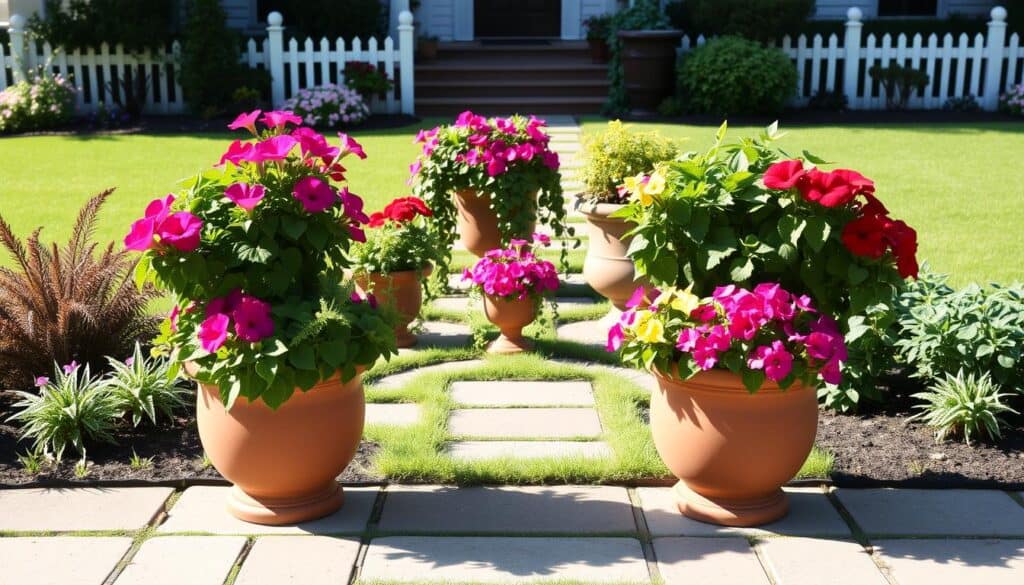 A beautifully arranged front yard featuring a symmetrical design of container plants, showcasing a variety of colorful flowers and lush greenery in various decorative pots. In the foreground, two matching large terracotta containers flanking a charming pathway, each filled with vibrant petunias and ferns. The middle ground includes smaller, equally balanced containers with trailing ivy and bright geraniums, creating a harmonious flow. In the background, a well-kept lawn and a classic white picket fence add to the curb appeal. The scene is bathed in soft, natural sunlight, enhancing the colors of the plants, with gentle shadows cast by the containers. The overall mood is inviting and cheerful, perfect for a welcoming front yard. A beautifully arranged front yard featuring a symmetrical design of container plants, showcasing a variety of colorful flowers and lush greenery in various decorative pots. In the foreground, two matching large terracotta containers flanking a charming pathway, each filled with vibrant petunias and ferns. The middle ground includes smaller, equally balanced containers with trailing ivy and bright geraniums, creating a harmonious flow. In the background, a well-kept lawn and a classic white picket fence add to the curb appeal. The scene is bathed in soft, natural sunlight, enhancing the colors of the plants, with gentle shadows cast by the containers. The overall mood is inviting and cheerful, perfect for a welcoming front yard.