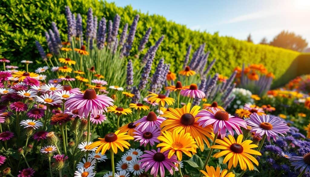 A beautifully arranged garden featuring a variety of vibrant perennial flowers in full bloom, showcasing colors from deep purples, bright yellows, and soft pinks to rich blues. In the foreground, delicate daisies and bold coneflowers coexist, while the middle ground is adorned with lush lavender and cheerful black-eyed Susans. The background features a lush green hedge and a clear blue sky, softly illuminated by warm, natural sunlight that casts gentle shadows, creating an inviting atmosphere. The composition is taken with a shallow depth of field to keep the focus on the flowers, capturing the essence of a well-planned year-round garden that offers seasonal interest and beauty. A beautifully arranged garden featuring a variety of vibrant perennial flowers in full bloom, showcasing colors from deep purples, bright yellows, and soft pinks to rich blues. In the foreground, delicate daisies and bold coneflowers coexist, while the middle ground is adorned with lush lavender and cheerful black-eyed Susans. The background features a lush green hedge and a clear blue sky, softly illuminated by warm, natural sunlight that casts gentle shadows, creating an inviting atmosphere. The composition is taken with a shallow depth of field to keep the focus on the flowers, capturing the essence of a well-planned year-round garden that offers seasonal interest and beauty.