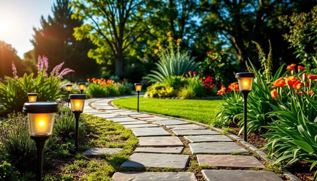 A beautifully arranged garden path illuminated by solar lights, showcasing creative placement strategies for walkway illumination. In the foreground, elegant solar lights are strategically placed along a winding stone path, their soft, warm glow gently illuminating the way. In the middle, lush greenery and vibrant flowers flank the path, enhancing the outdoor ambiance. The background features a serene garden scene with trees and softly swaying plants under a clear blue sky, creating a tranquil atmosphere. The lighting is bright and inviting, with the sun casting soft rays, enhancing the lush colors. The scene should evoke a feeling of warmth and creativity, perfect for DIY garden enthusiasts. The angle should be slightly elevated, capturing the breadth of the path and surrounding foliage without any people present.