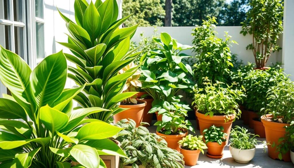 A beautifully arranged garden scene showcasing an array of potted plants organized by height. In the foreground, a vibrant, tall fiddle leaf fig and a stately snake plant dominate the composition, creating a focal point. The middle ground features a harmonious mixture of medium-sized plants like pothos and peace lilies, while the background includes smaller herbs such as basil and parsley, adding depth and variety. The setting is a sunlit patio, with bright, natural light streaming in, casting soft shadows. The atmosphere is serene and inviting, evoking a lush garden feel. The angle is slightly elevated, capturing the layers of greenery from a dynamic perspective, perfect for highlighting the common mistake of neglecting height variations in plant arrangements.