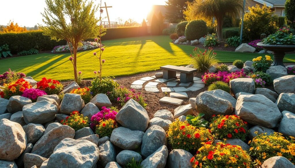 A beautifully arranged garden scene that showcases a variety of garden stones as decorative accents. In the foreground, a mix of smooth river rocks and rough-hewn boulders is artfully placed around vibrant flower beds, hinting at misplacement and clutter. The middle ground features a small seating area with a rustic stone bench surrounded by lush greenery and colorful blooms, illustrating an inviting yet chaotic atmosphere. In the background, a manicured lawn bathed in soft sunlight merges with the hues of evening, while gentle shadows stretch across the scene. Capture this setting in a wide-angle shot to emphasize depth and detail, with bright natural light illuminating the textures of the stones and plants, creating an airy and well-lit ambiance.