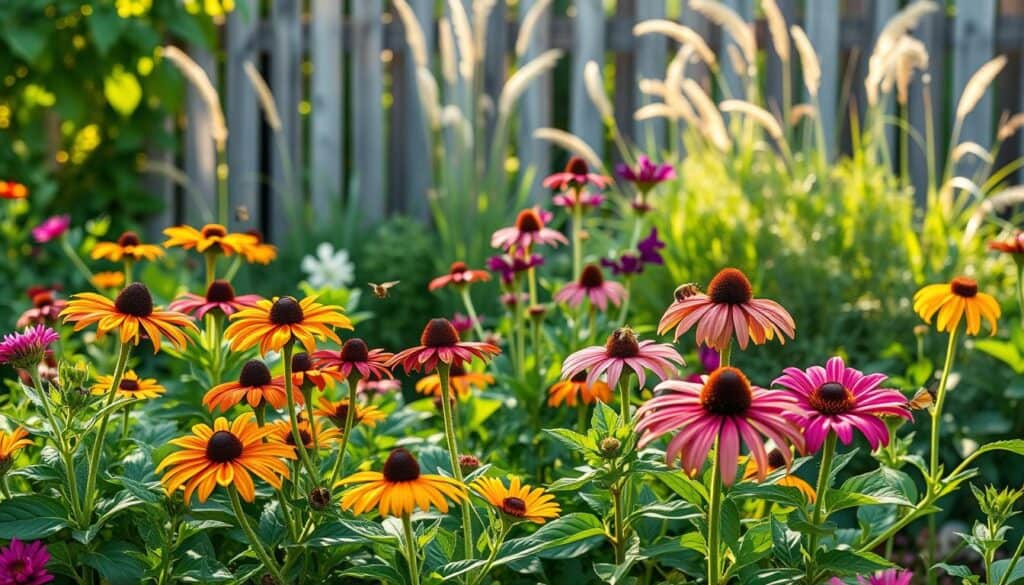 A beautifully arranged garden showcasing seven native plants that attract pollinators, requiring minimal care. In the foreground, vibrant flowers like Black-eyed Susans and Coneflowers burst with color, surrounded by lush green foliage. The middle ground features Butterfly Milkweed and Bee Balm, with bees and butterflies flitting around, enhancing the pollination theme. In the background, a soft blur of native grasses and a rustic wooden garden fence creates a serene backdrop. The scene is lit by warm, soft sunlight filtering through the leaves, casting gentle shadows, evoking a peaceful and inviting atmosphere. Shot from a slightly elevated angle, this composition captures the essence of a thriving, low-maintenance pollinator garden. A beautifully arranged garden showcasing seven native plants that attract pollinators, requiring minimal care. In the foreground, vibrant flowers like Black-eyed Susans and Coneflowers burst with color, surrounded by lush green foliage. The middle ground features Butterfly Milkweed and Bee Balm, with bees and butterflies flitting around, enhancing the pollination theme. In the background, a soft blur of native grasses and a rustic wooden garden fence creates a serene backdrop. The scene is lit by warm, soft sunlight filtering through the leaves, casting gentle shadows, evoking a peaceful and inviting atmosphere. Shot from a slightly elevated angle, this composition captures the essence of a thriving, low-maintenance pollinator garden.