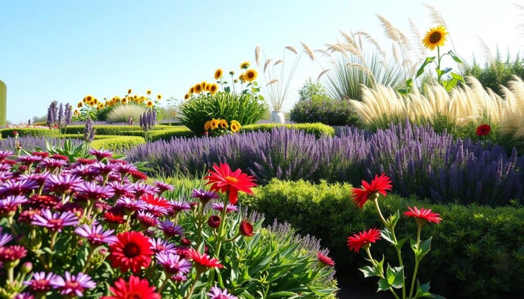 A beautifully arranged garden showcasing staggered height planting, emphasizing the harmonious layering of plants. In the foreground, vibrant perennials with colorful blooms like purple asters and red dahlias create an inviting focal point. The middle ground features lush shrubs, such as lavender and hydrangea, adding depth and texture. In the background, taller structures like sunflowers and ornamental grasses gently sway in the soft breeze, framed by a bright blue sky. The scene is bathed in warm, soft sunlight, casting gentle shadows that enhance the garden's vibrancy. The garden layout is meticulously designed for a full, lush appearance, offering an atmospheric sense of tranquility and natural beauty. Shot from a slight elevation, the perspective allows for an expansive view of the layered garden.