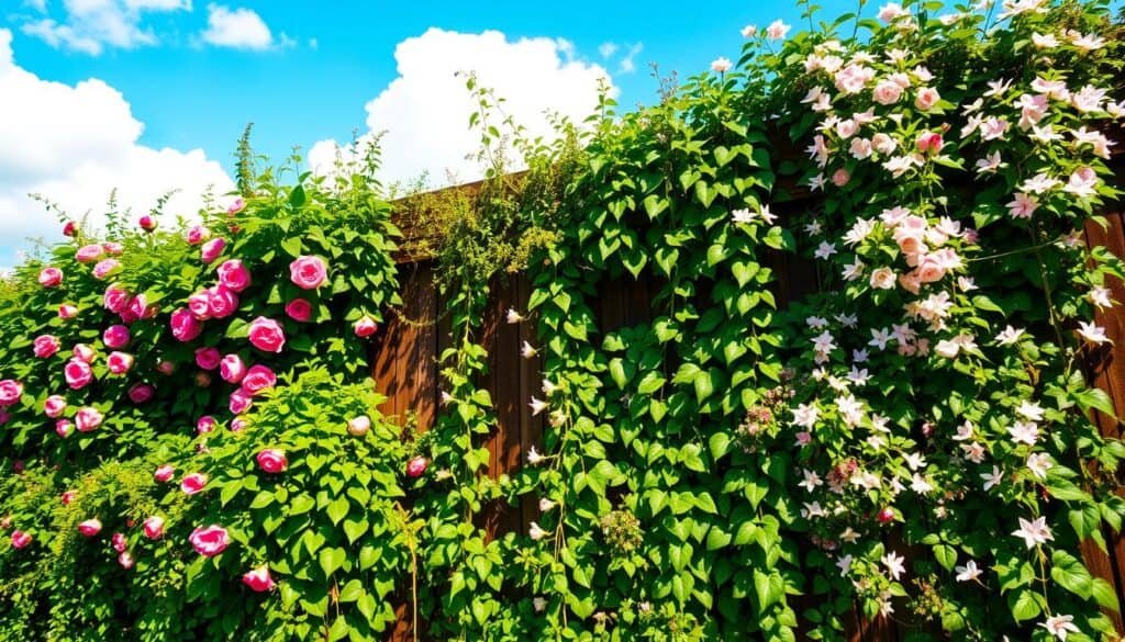 A beautifully arranged garden wall covered with a variety of climbing plants, showcasing the best options based on their light requirements. In the foreground, lush green leaves of vibrant climbing roses and delicate ivy cascading down, interspersed with flowering clematis and fragrant honeysuckle. The middle of the scene features a wooden fence partially obscured by the plants, with shadows casting softly as golden sunlight filters through the foliage, creating a warm, inviting atmosphere. The background reveals a clear blue sky with fluffy clouds, enhancing the brightness and airy feel of the garden. The composition captures the tranquility of a well-maintained garden space, emphasizing the natural beauty and diversity of climbing plants suited for various light conditions.