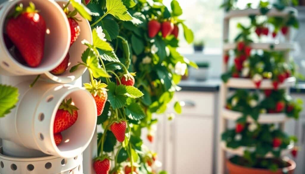 A beautifully arranged homemade strawberry tower planter constructed from PVC pipe, showcasing layers filled with vibrant green plants and ripe red strawberries. In the foreground, focus on the textured PVC pipes with visible perforations, allowing sunlight to highlight the natural colors of the strawberries. The middle ground features lush, healthy strawberry plants cascading from each tier, with delicate flowers adding a touch of white to the vivid green foliage. In the background, a bright, airy kitchen setting bathed in soft, natural sunlight, enhancing the freshness of the scene. Capture the image from a slightly elevated angle to emphasize the height and structure of the tower, conveying a sense of accomplishment and gardening happiness in a warm, inviting mood. A beautifully arranged homemade strawberry tower planter constructed from PVC pipe, showcasing layers filled with vibrant green plants and ripe red strawberries. In the foreground, focus on the textured PVC pipes with visible perforations, allowing sunlight to highlight the natural colors of the strawberries. The middle ground features lush, healthy strawberry plants cascading from each tier, with delicate flowers adding a touch of white to the vivid green foliage. In the background, a bright, airy kitchen setting bathed in soft, natural sunlight, enhancing the freshness of the scene. Capture the image from a slightly elevated angle to emphasize the height and structure of the tower, conveying a sense of accomplishment and gardening happiness in a warm, inviting mood.