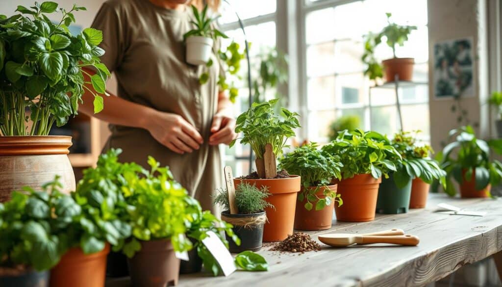 A beautifully arranged indoor scene featuring a variety of organic potted plants, including vibrant green herbs and leafy houseplants, set on a rustic wooden table. In the foreground, a gardener in modest casual clothing gently tends to a pot, using natural compost and tools made of sustainable materials. The middle of the composition highlights tags indicating organic care practices, while the background showcases bright, airy windows that allow soft sunlight to fill the room, illuminating the plants' rich textures and colors. The overall atmosphere exudes tranquility and a sense of nurturing, inviting viewers to embrace organic gardening methods. The scene is captured with a slight depth of field for emphasis on the gardener and the lush plants, creating a warm and inviting mood. A beautifully arranged indoor scene featuring a variety of organic potted plants, including vibrant green herbs and leafy houseplants, set on a rustic wooden table. In the foreground, a gardener in modest casual clothing gently tends to a pot, using natural compost and tools made of sustainable materials. The middle of the composition highlights tags indicating organic care practices, while the background showcases bright, airy windows that allow soft sunlight to fill the room, illuminating the plants' rich textures and colors. The overall atmosphere exudes tranquility and a sense of nurturing, inviting viewers to embrace organic gardening methods. The scene is captured with a slight depth of field for emphasis on the gardener and the lush plants, creating a warm and inviting mood.
