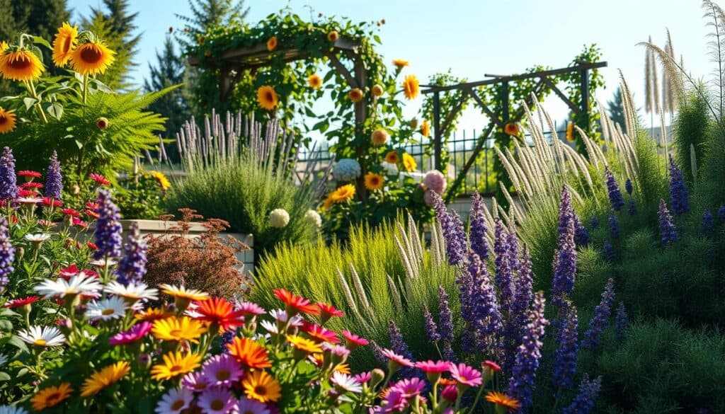 A beautifully arranged layered garden design showcasing various plant heights, harmoniously blending flowers, shrubs, and ornamental grasses. In the foreground, vibrant perennials such as daisies and lavender bloom in full color, complemented by lush ferns. The middle ground features taller plants like sunflowers and hydrangeas, creating depth. In the background, a trellis adorned with climbing roses reaches towards the soft, blue sky. The lighting is bright and natural, with warm sunlight illuminating the garden, casting gentle shadows that enhance the textures of the foliage. The atmosphere is serene and inviting, perfect for showcasing diverse layering techniques. The composition has a slightly elevated angle, providing a complete view of the garden’s structure without any text or distractions.